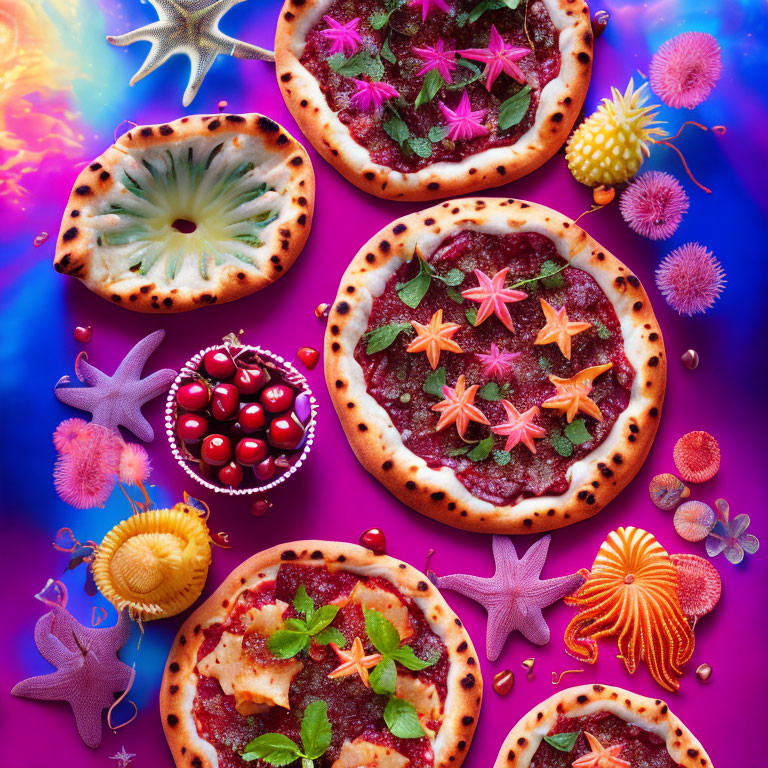Vibrant starfish-themed pizzas with tropical fruits on psychedelic backdrop