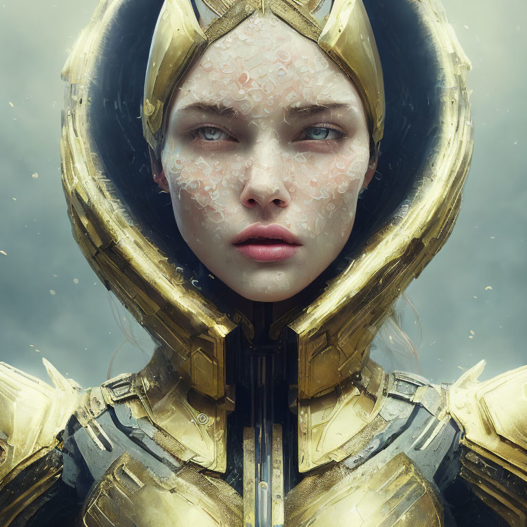 Serene person in golden armor against cloudy backdrop