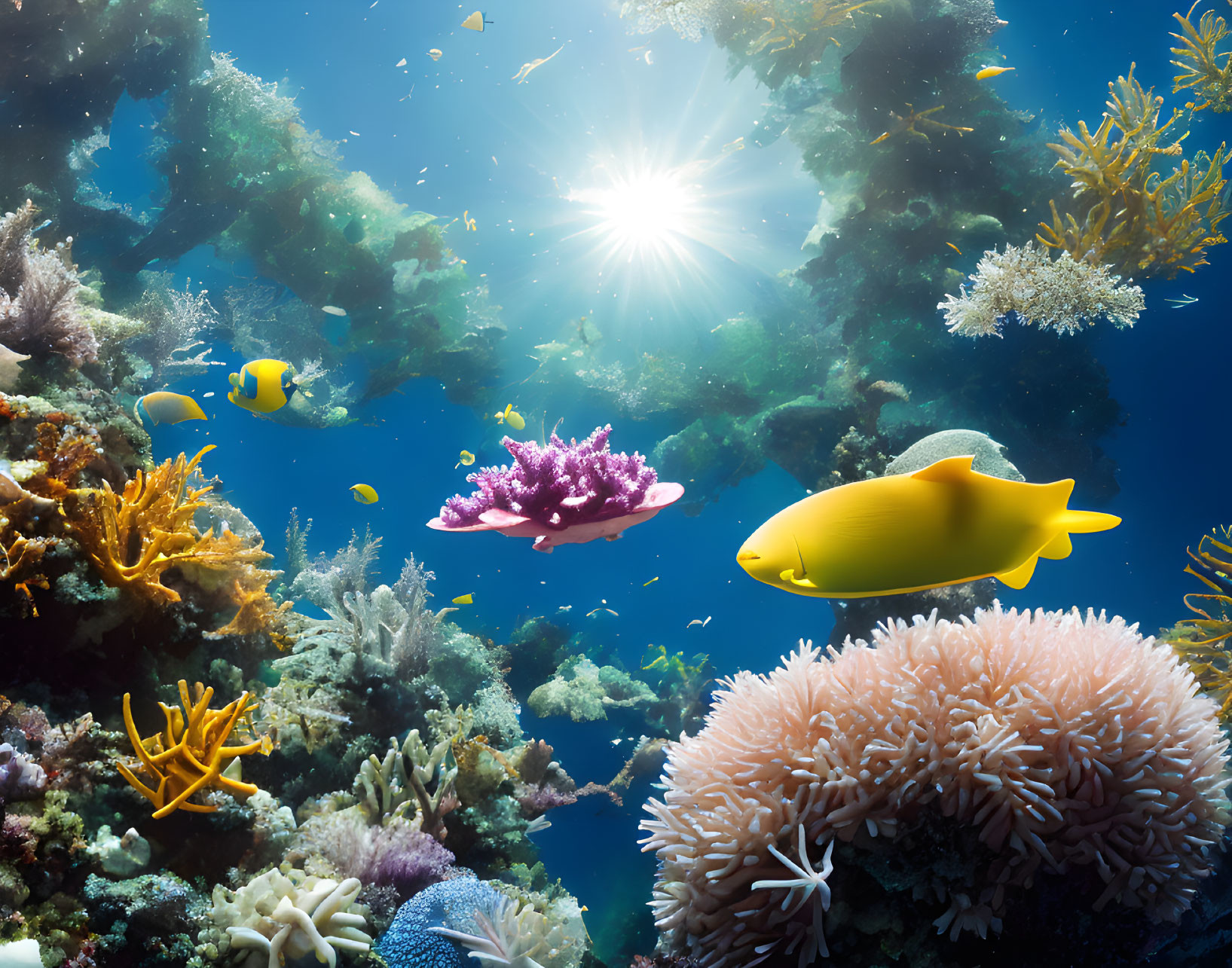 Colorful Underwater Scene with Corals, Fishes, and Sunlight