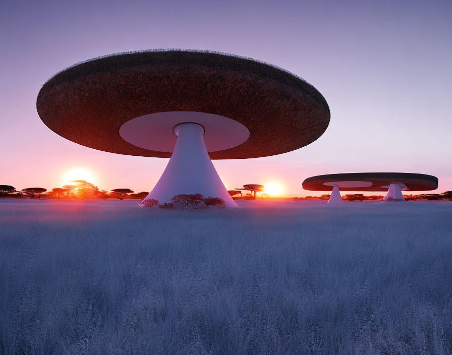 Surreal sunset scene with mushroom-shaped structures in a field