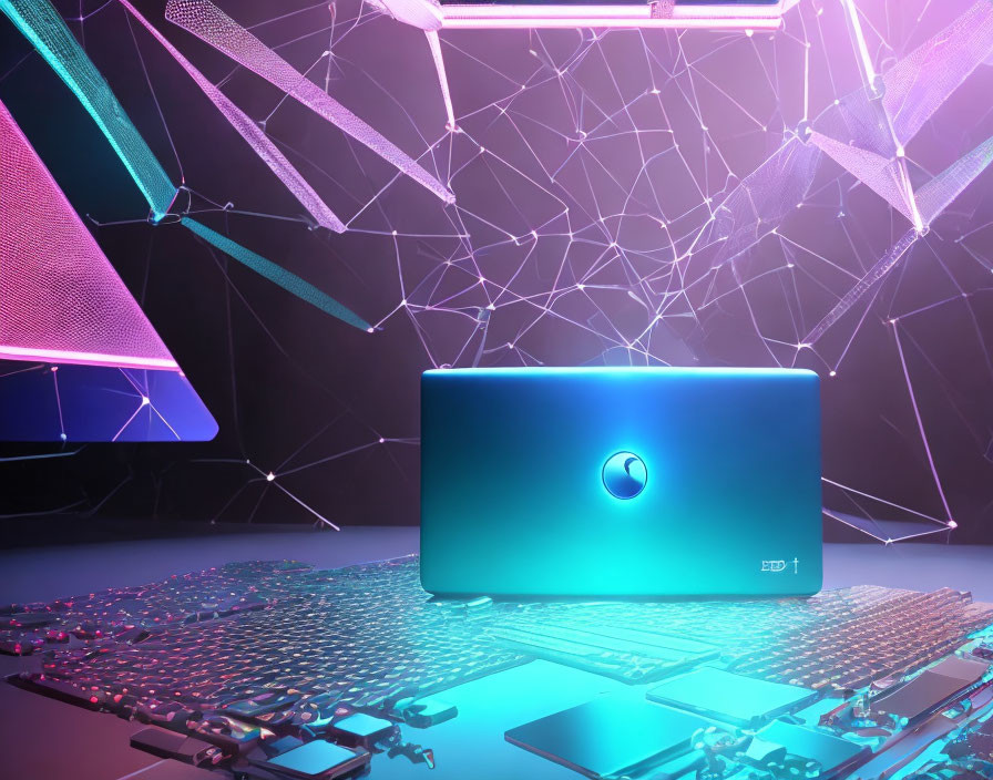 Futuristic laptop with illuminated logo on reflective surface surrounded by glowing geometric shapes