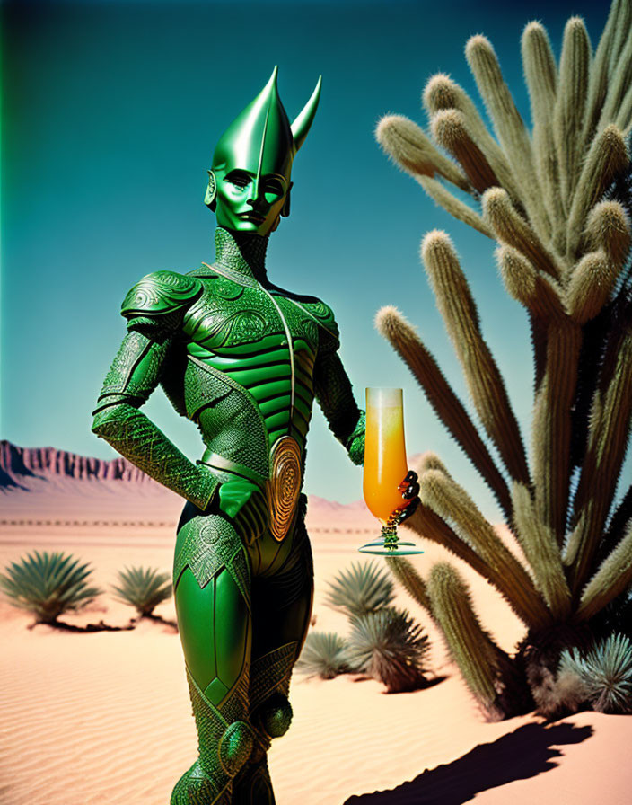 Futuristic green android in desert with cactus and bird