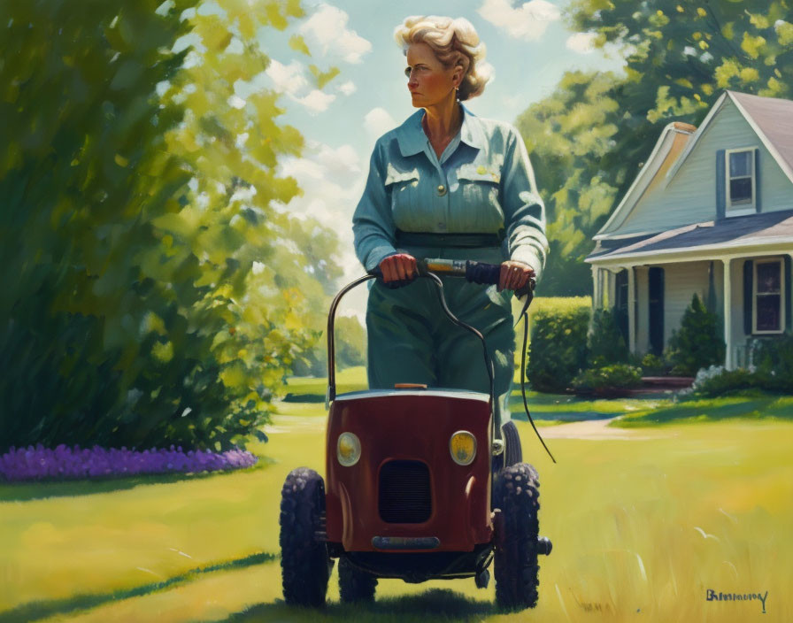 Vintage-style woman mows lawn with red push mower on sunny day