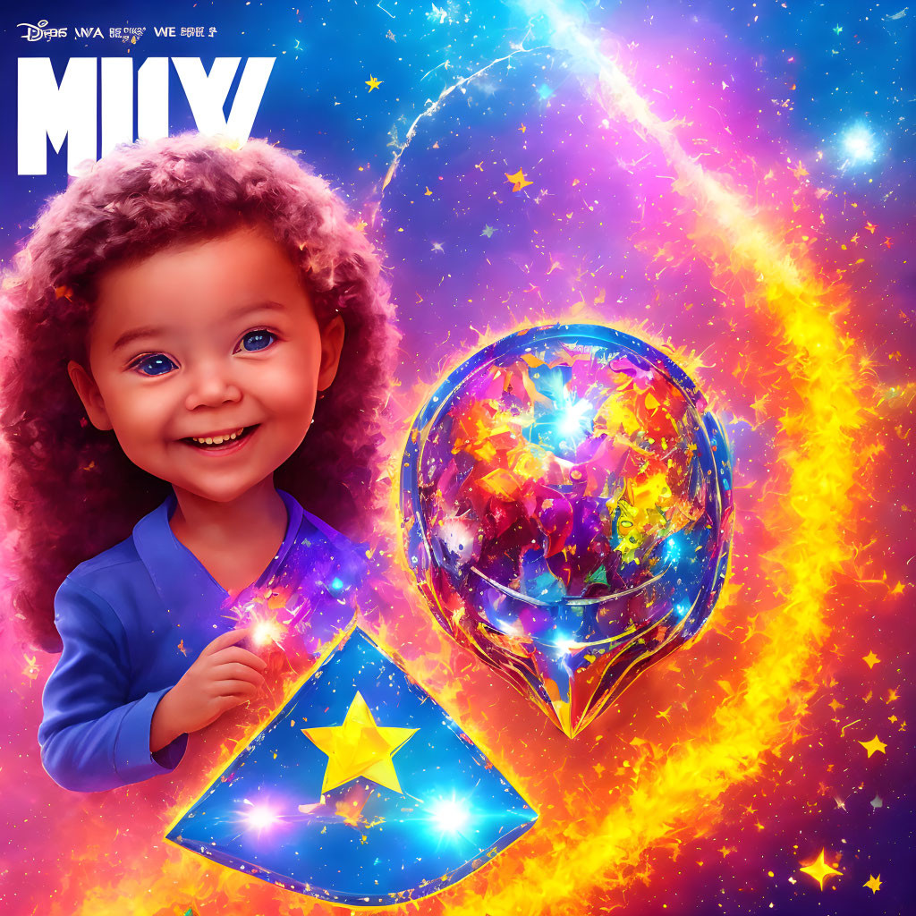 Colorful digital artwork: Young girl with galaxy orb in cosmic setting