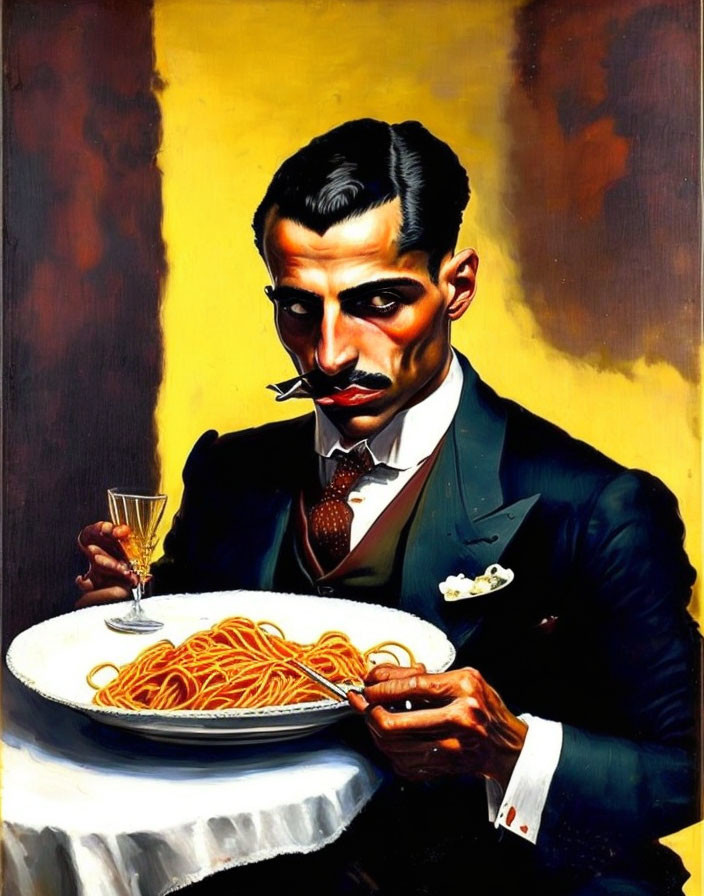 Man in suit with pencil mustache eating spaghetti and drinking champagne with cigarette.