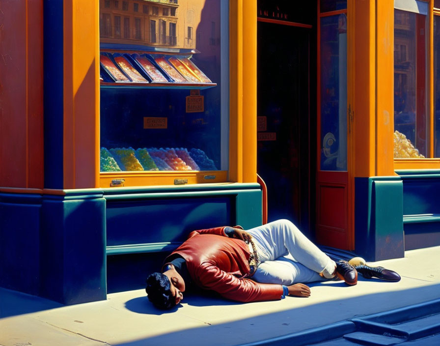 Vibrant painting of person on sidewalk by colorful storefront