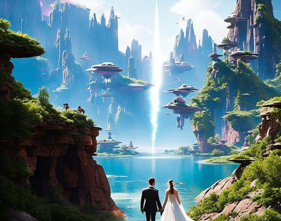 Couple holding hands in futuristic city with floating structures and waterfalls