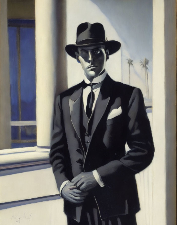 Stylized painting of a man in black suit with fedora hat by window