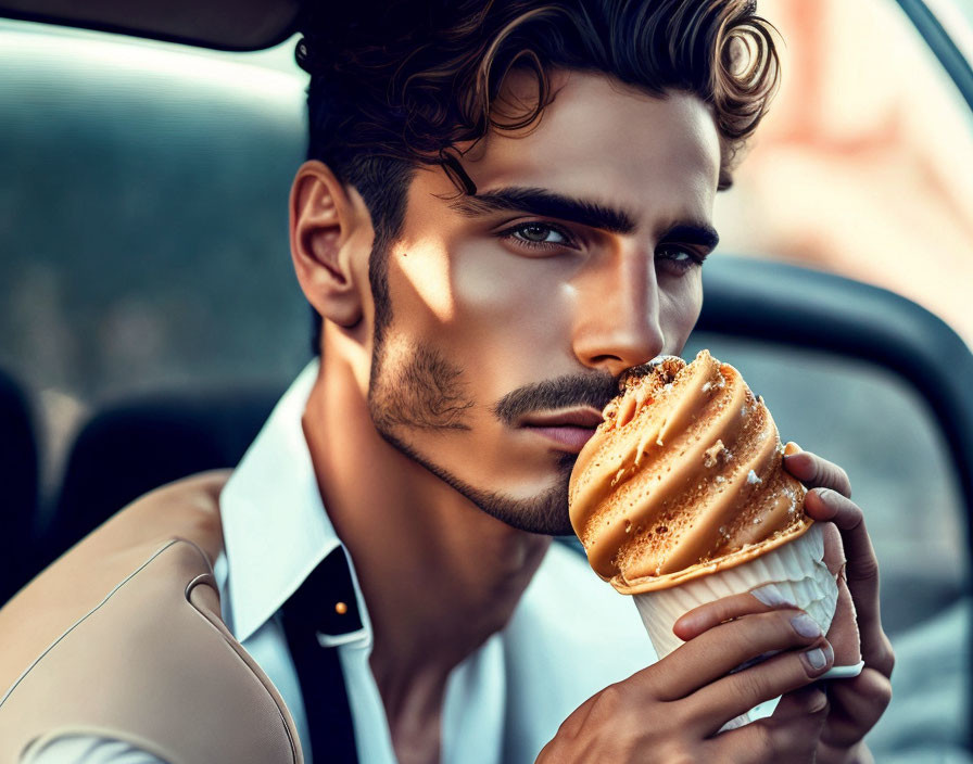 Man with mustache and ice cream cone in car.