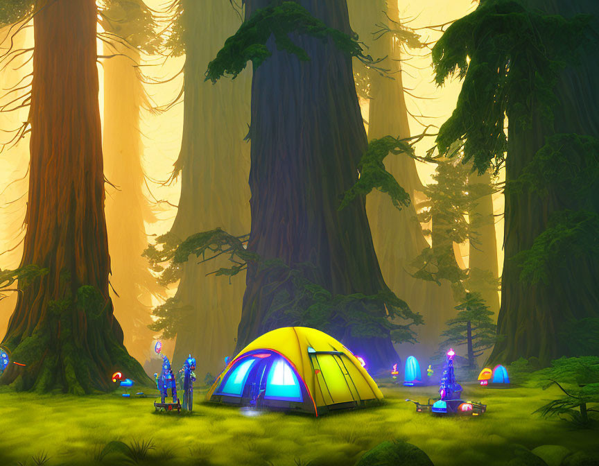 Colorful tent in vibrant fantasy forest with towering trees and mysterious illuminated objects - magical camping scene