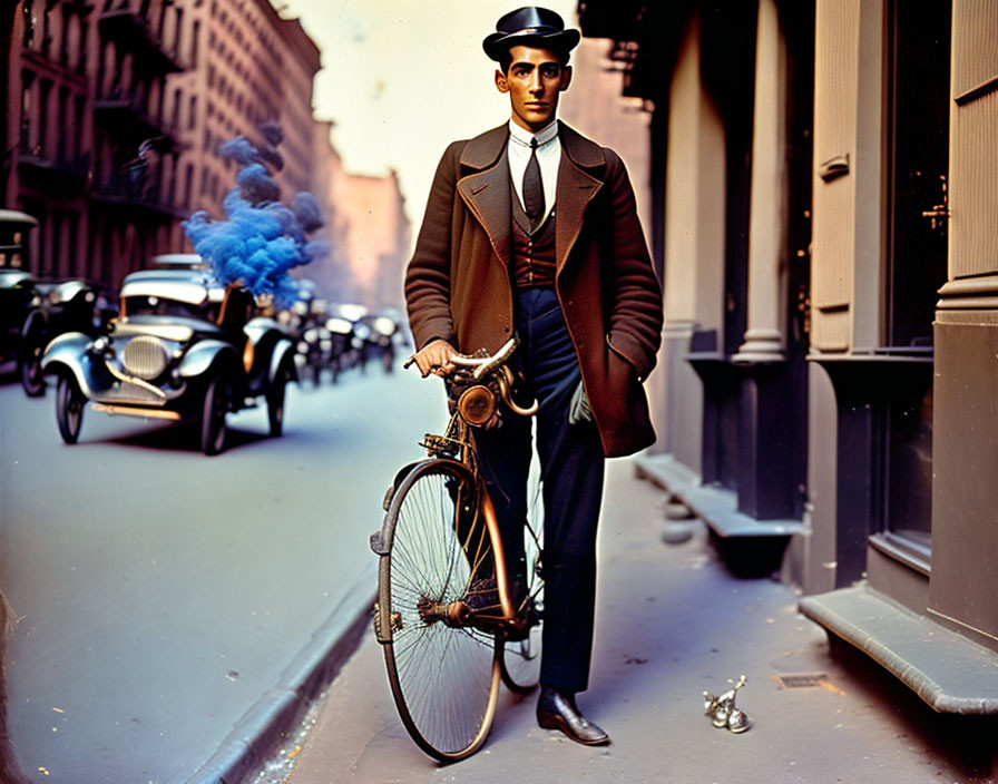 Vintage Attired Man with Bicycle on City Street and Old-fashioned Cars in Background