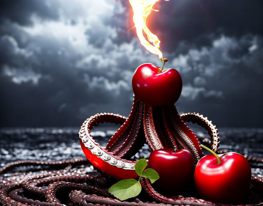 Three red cherries intertwined under stormy sky with lightning and coiled rope.