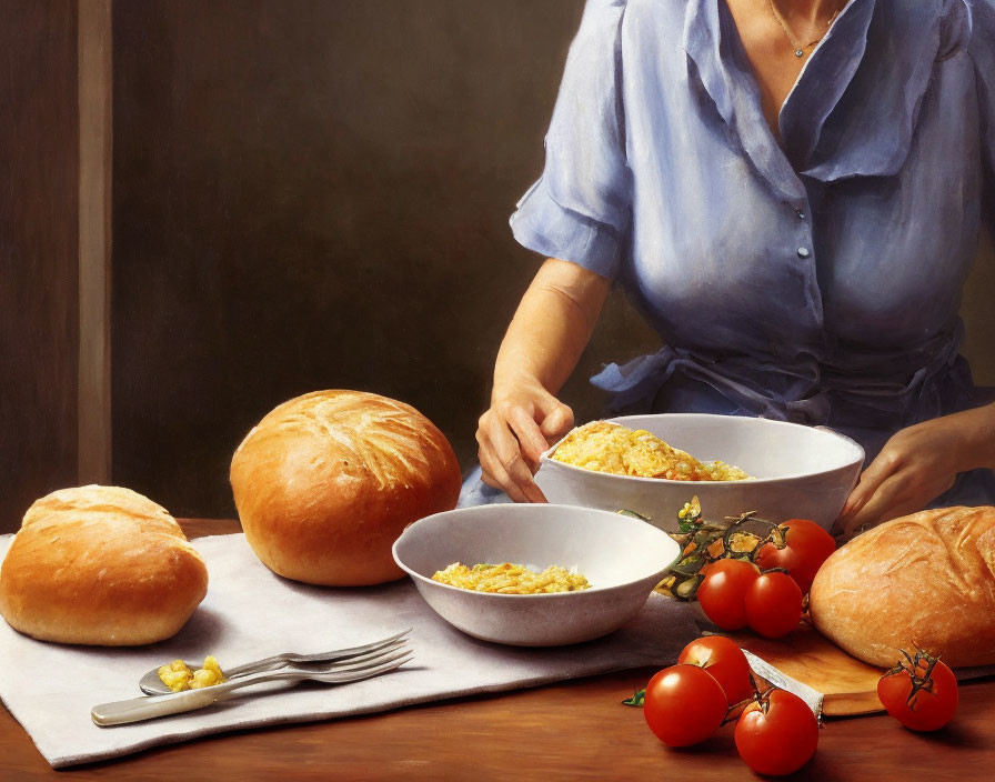Person in Blue Shirt Seated at Table with Bread, Food Bowls, Tomatoes