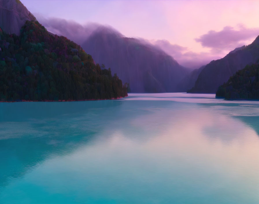 Tranquil lake with turquoise waters and twilight reflections amid misty mountains