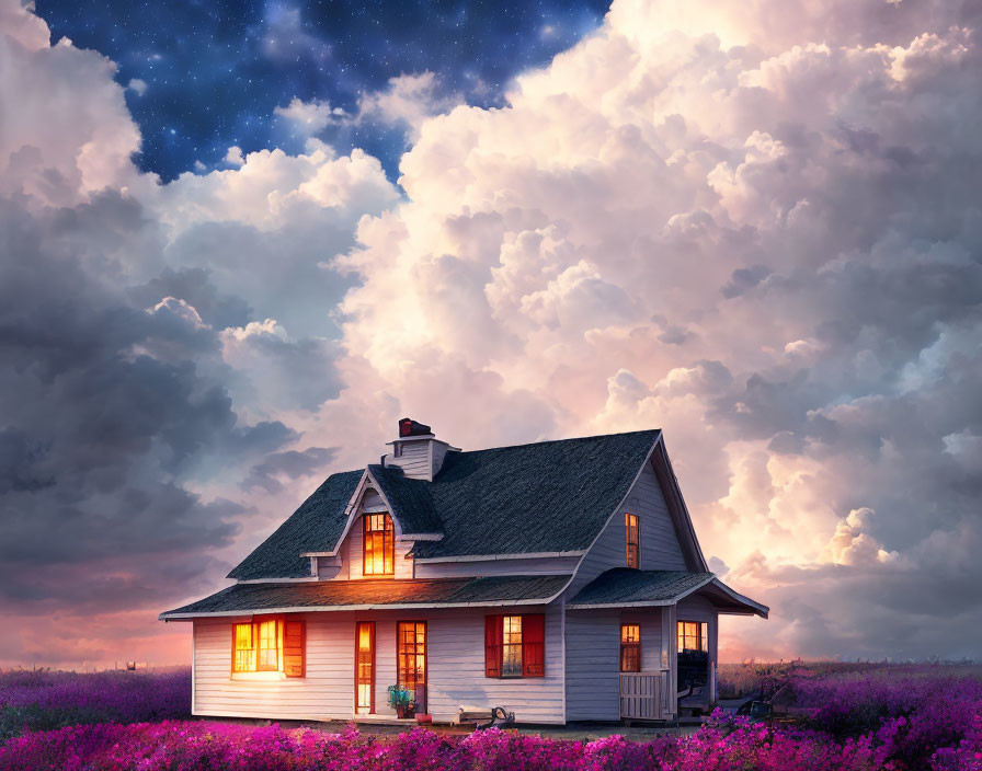 Charming house with purple flowers under twilight sky