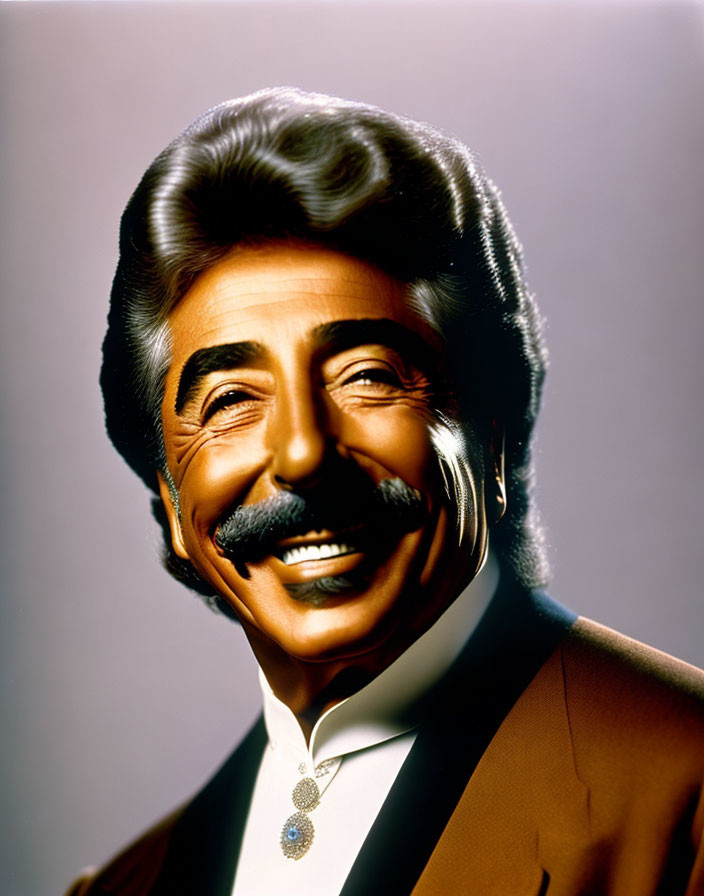 Smiling man with mustache, gray hair, brown suit, bolo tie