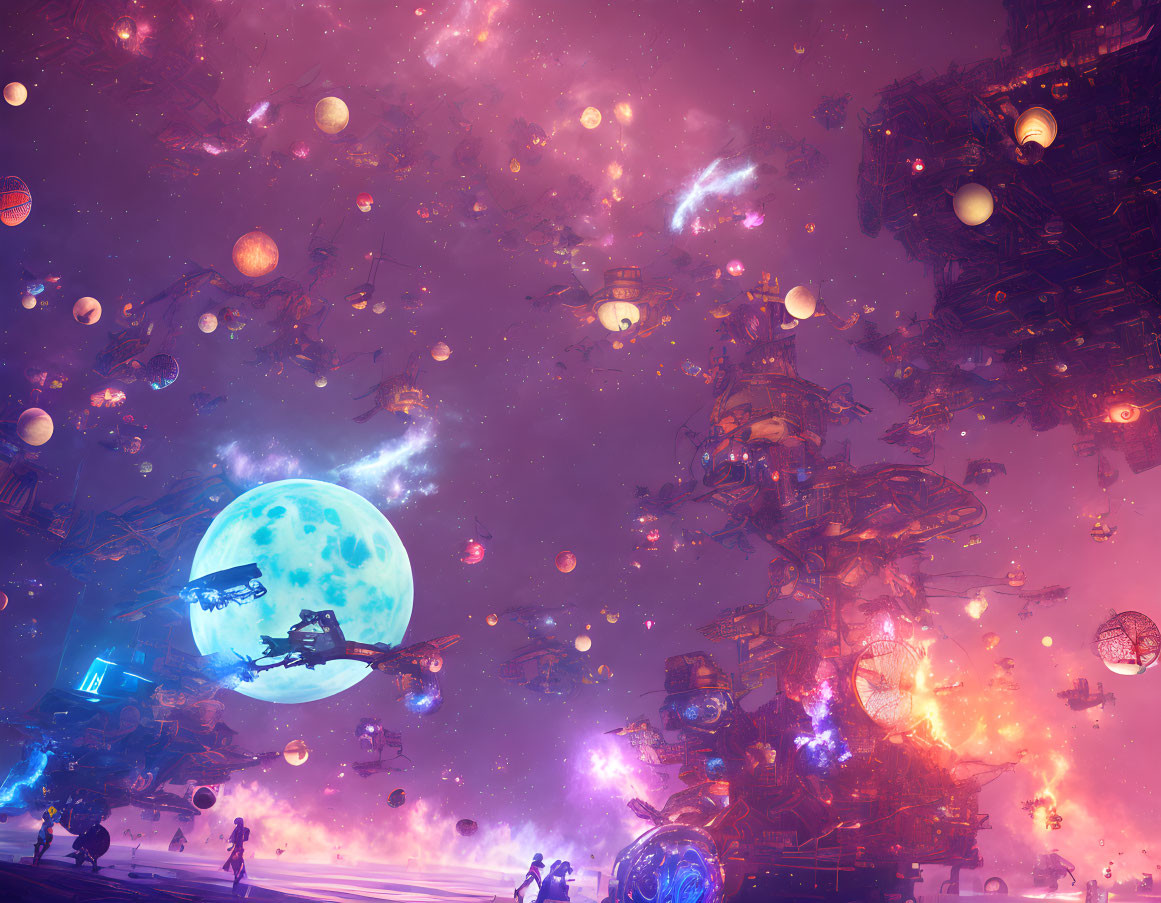 Colorful cosmic scene with blue planet, debris, spaceships, and pink-purple nebula.