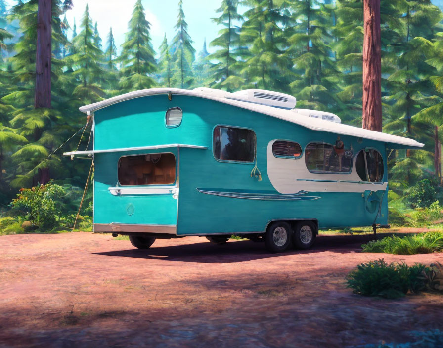 Vintage Turquoise Caravan in Sunlit Forest Clearing