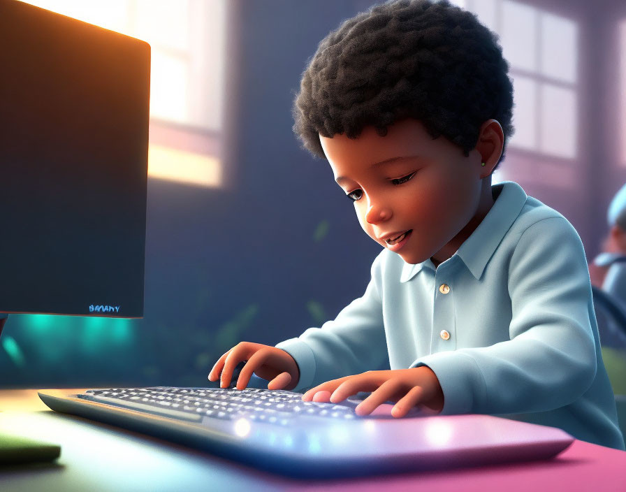 Curly-Haired Child Typing on Computer Keyboard