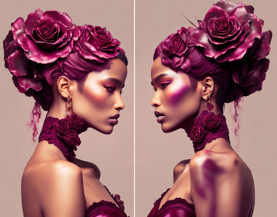 Woman with Creative Hairstyle and Dark Pink Rose Adornments on Beige Background