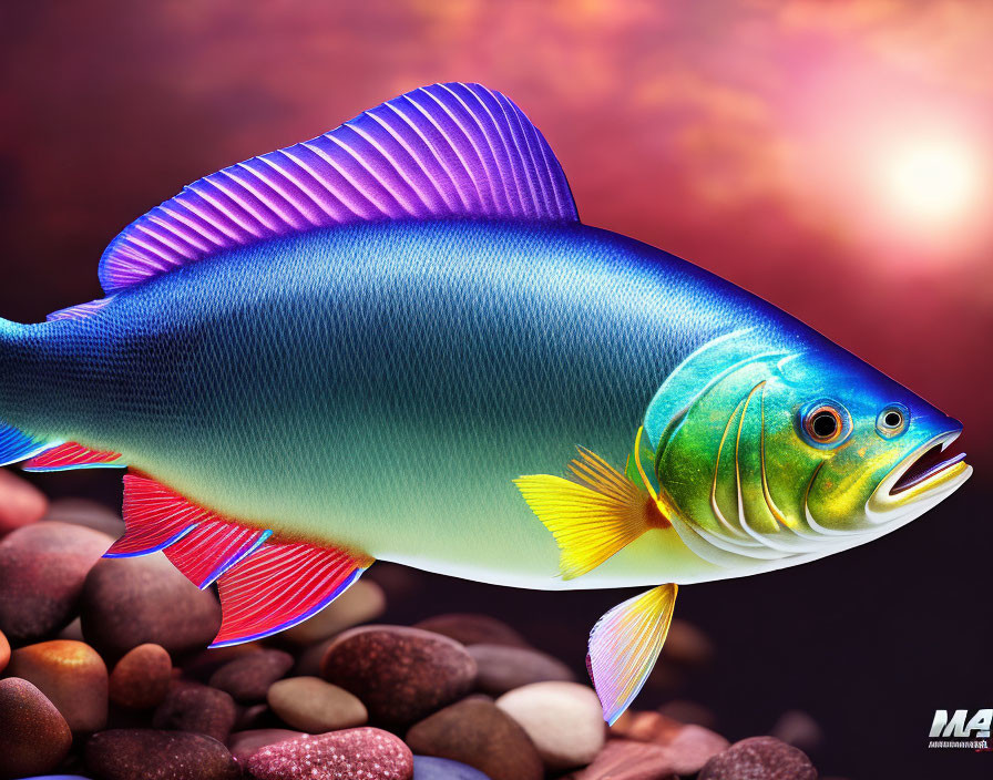 Colorful fish illustration with blue to yellow gradient on pebble and sun background