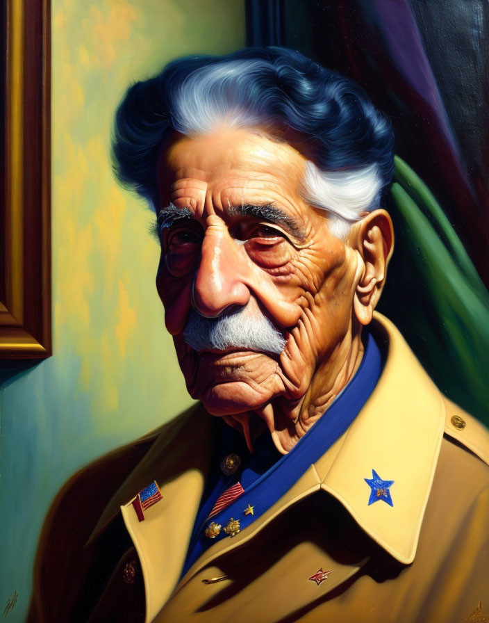 Realistic painting of elderly gentleman in military uniform with mustache