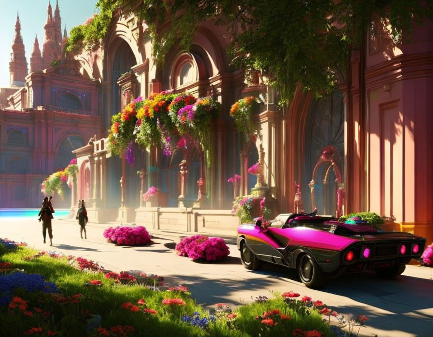 Pink and Black Futuristic Car in Vibrant City Plaza with Classical Architecture