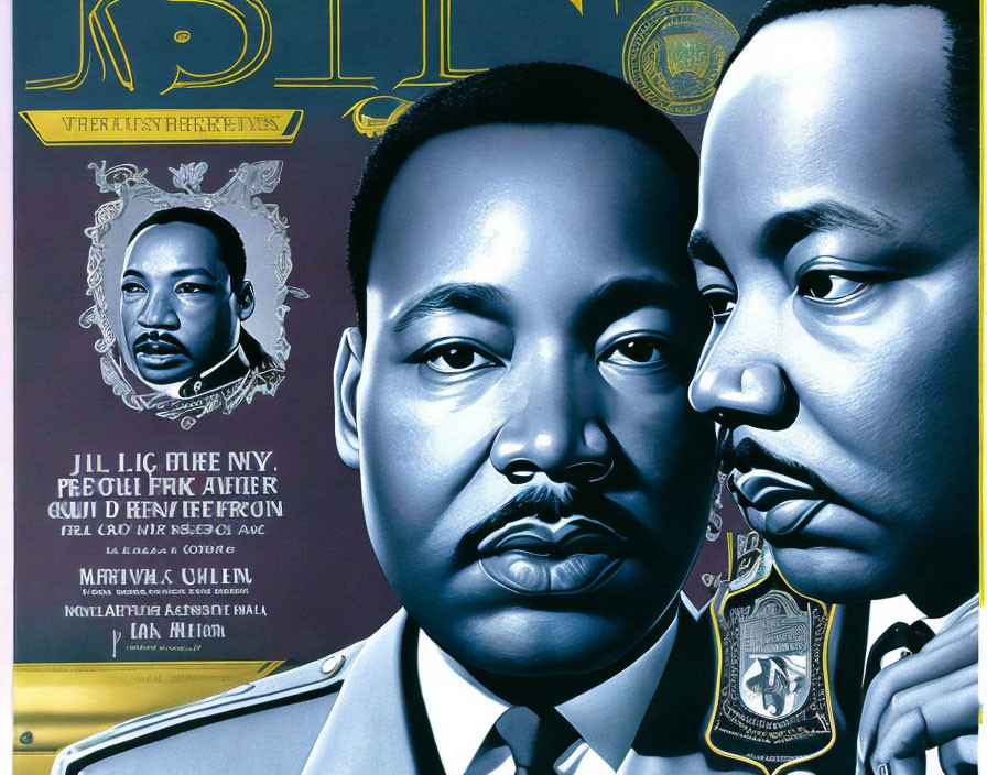 Stylized portrait of Martin Luther King Jr. with reflective expression and symbolic background.