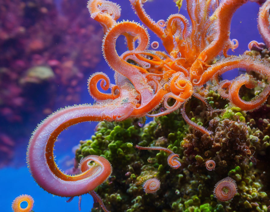 Colorful Starfish on Green Coral Reef in Blue Water