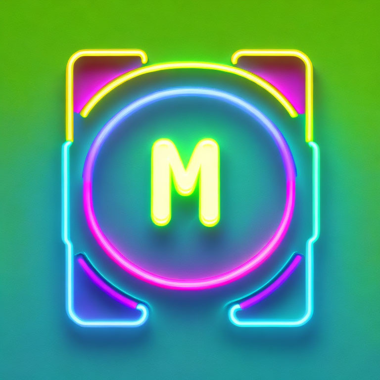 Neon light letter M in green-yellow gradient square