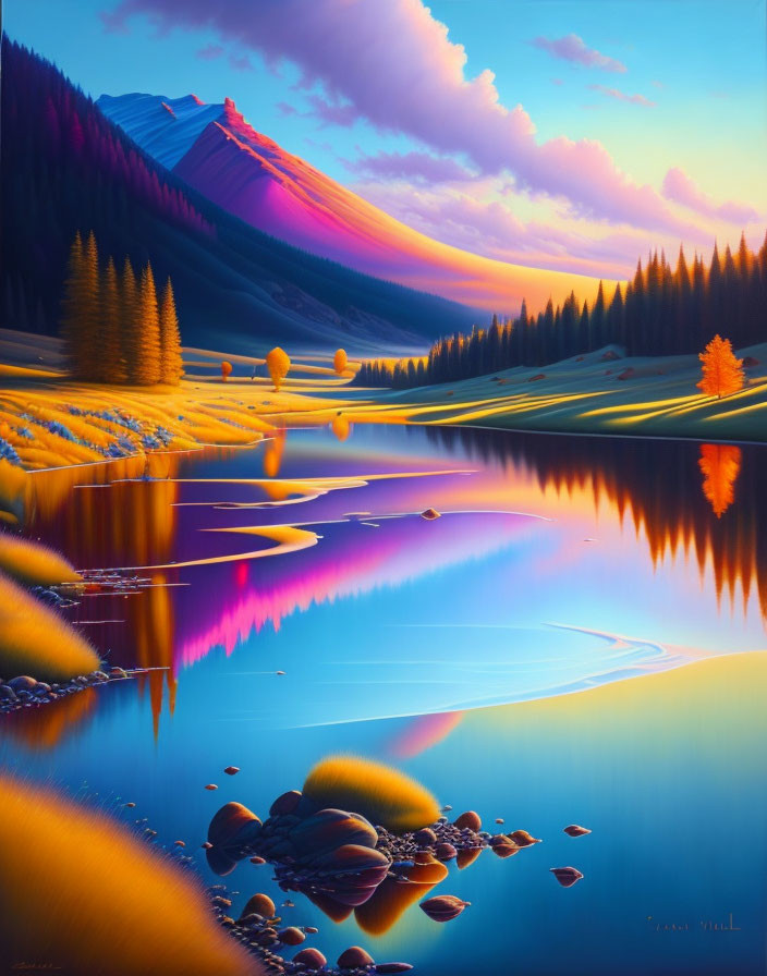 Colorful Trees and Reflective Lake in Sunset Landscape