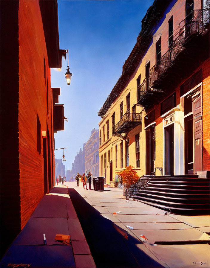 Colorful city street painting: pedestrians, vintage architecture, deep shadows, blue sky