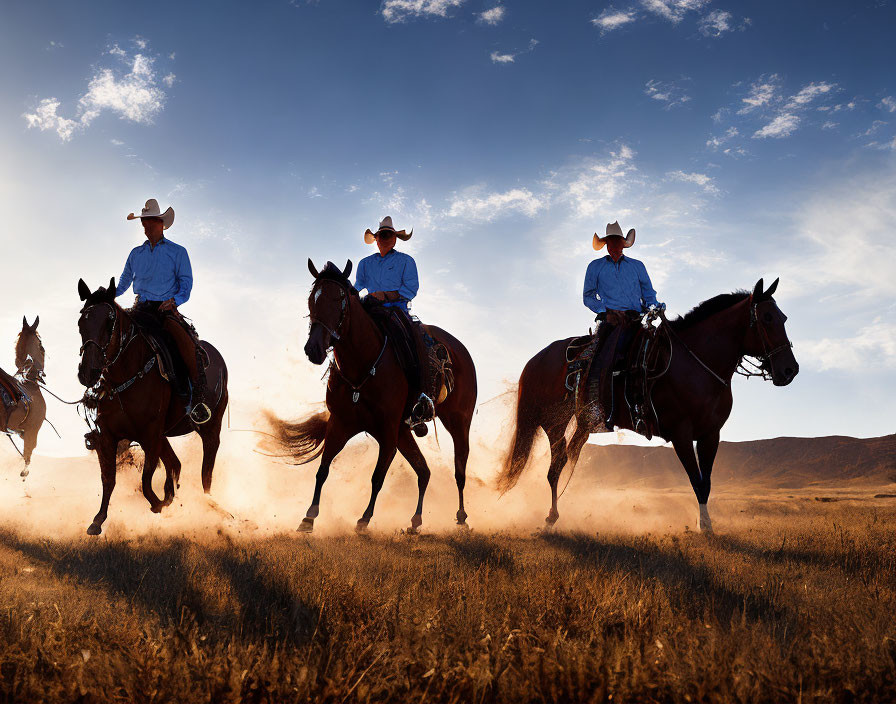 Cowboys riding horses in dusty field under clear sky