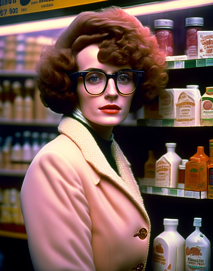 Curly Red-Haired Woman in Large Glasses with Bottled Products Shelf