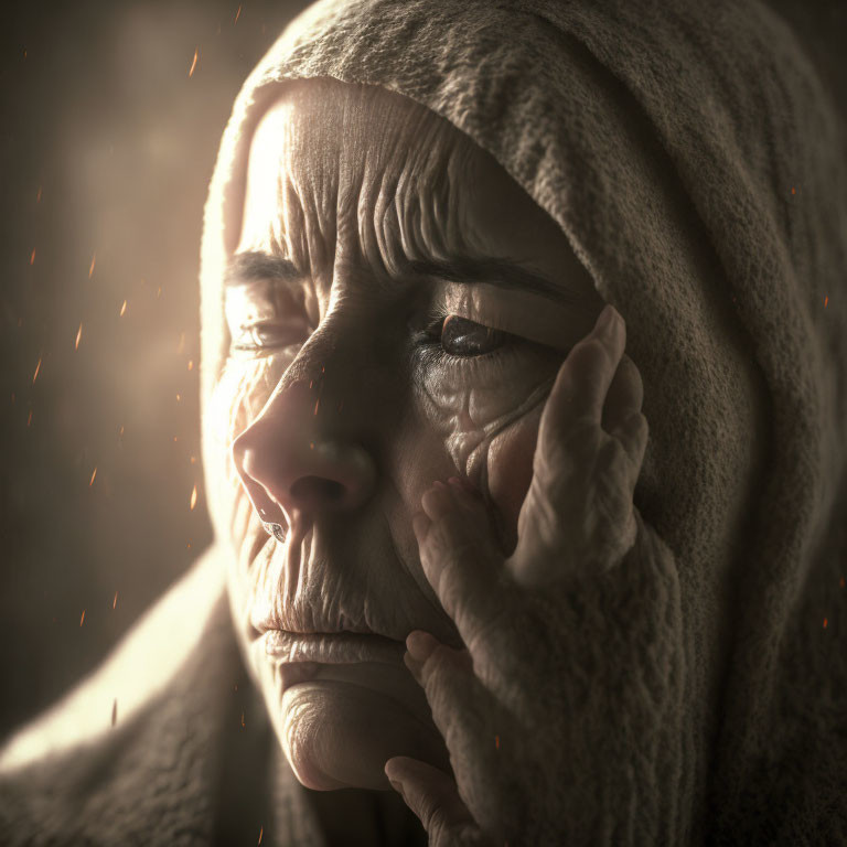 Elderly person in headscarf gazes solemnly with warm light