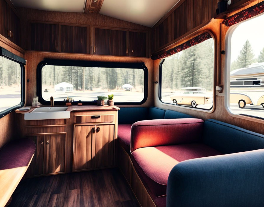 Cozy wooden camper van interior with kitchenette and cushioned seating in forested area.