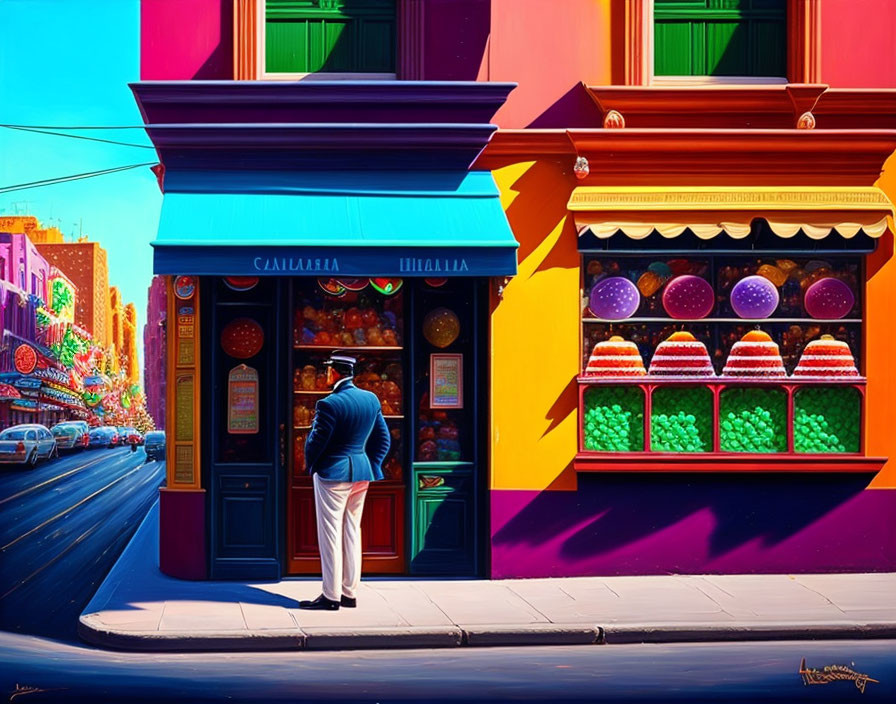 Colorful street corner with person at fruit shop under sunlight