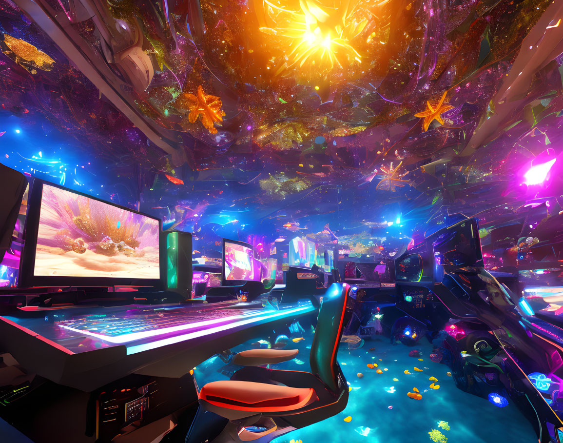Futuristic gaming room with multiple screens and vibrant neon lights