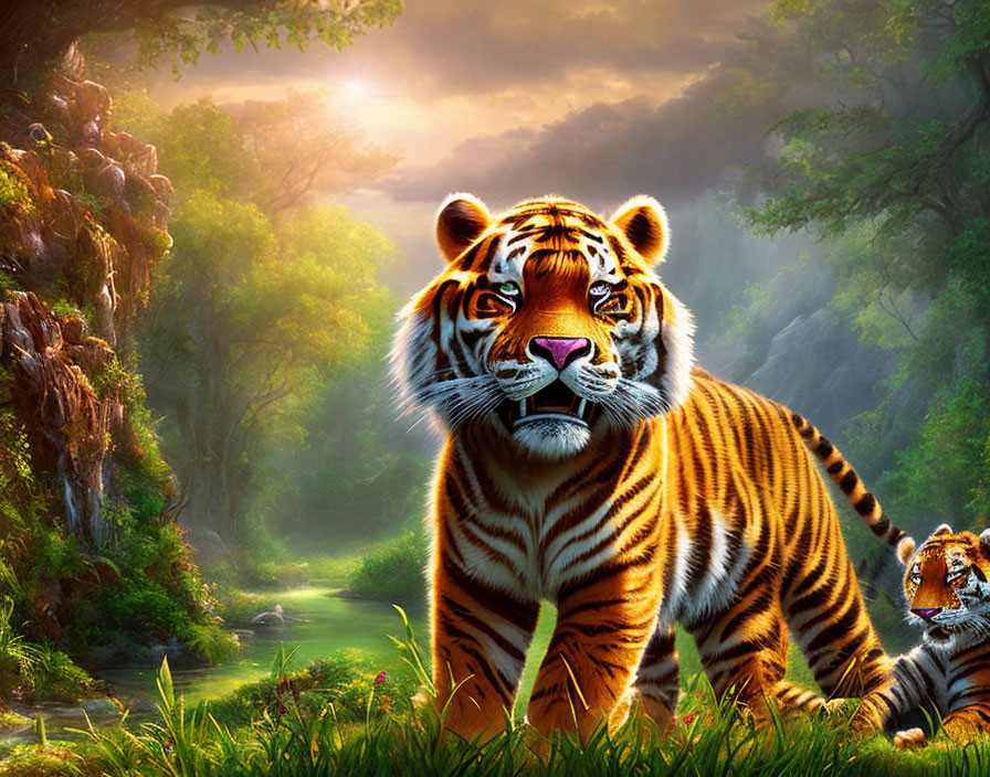 Majestic tiger and cub in lush green forest with sunlight.