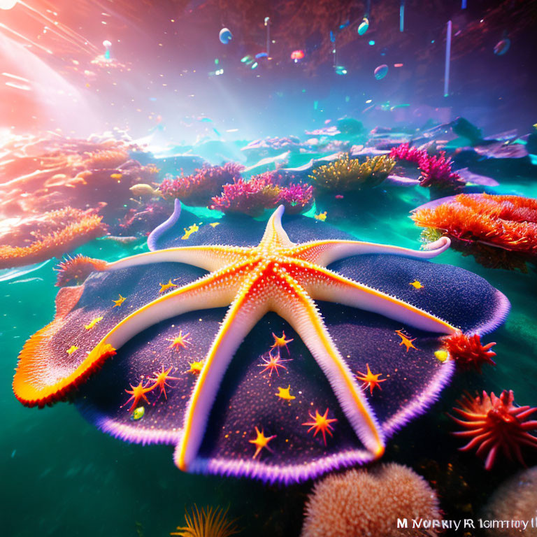 Colorful Starfish Surrounded by Marine Life and Underwater Lights