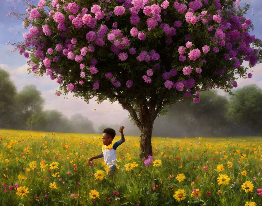 Child playing under vibrant tree with purple blossoms in foggy field