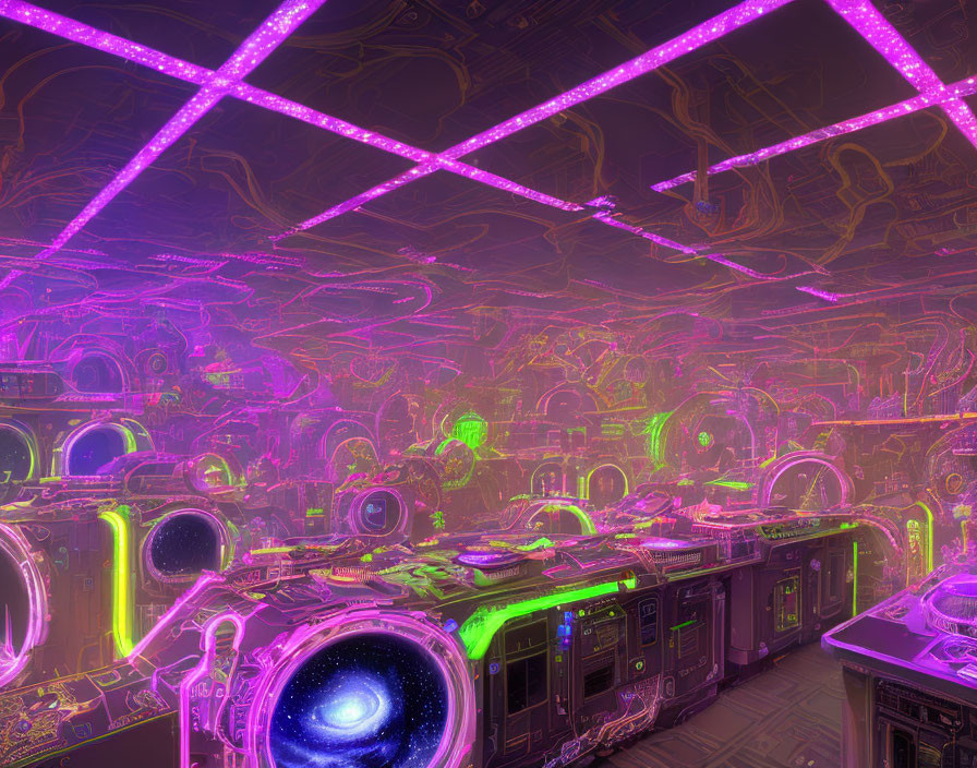 Futuristic neon-lit interior with glowing portals and purple lights