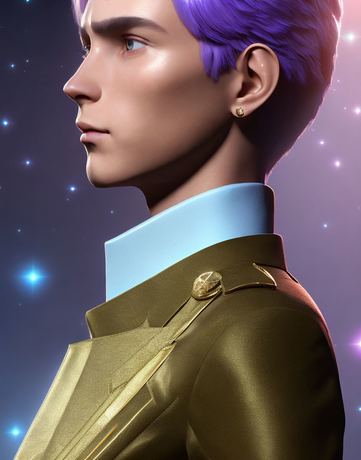 Colorful digital portrait of a person in gold uniform against starry night sky