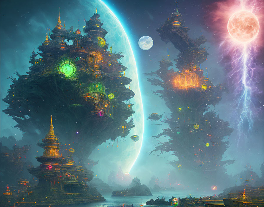 Fantastical landscape with floating islands, towering trees, colorful sky, moons, and lightning.