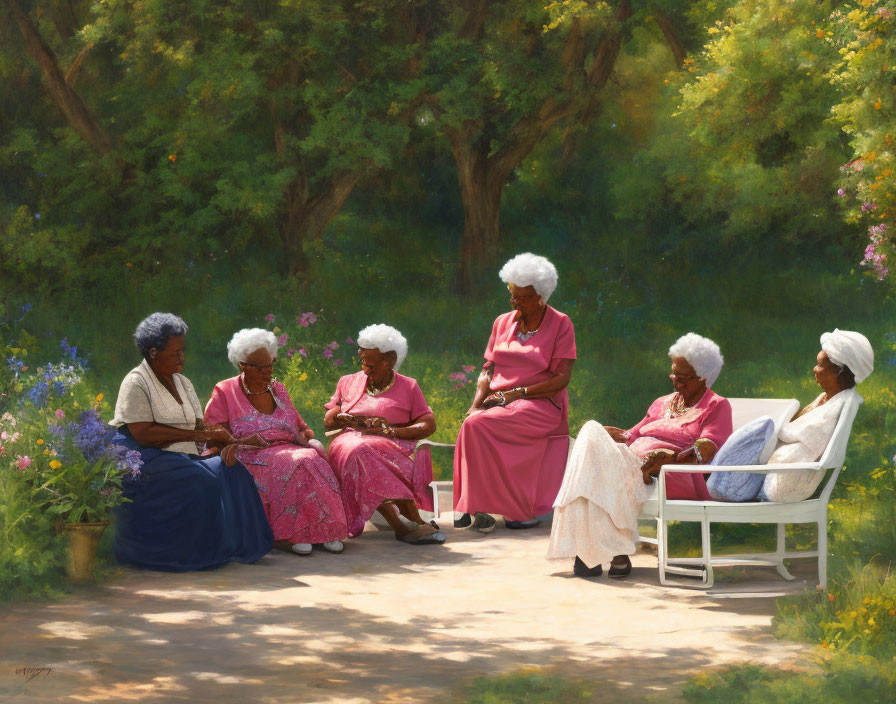 Seven Elderly Women in Warm-Toned Clothing Conversing Outdoors