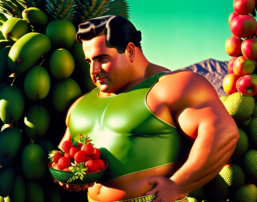 Muscular cartoon character in green tank top with strawberries, papaya trees, and mountains.