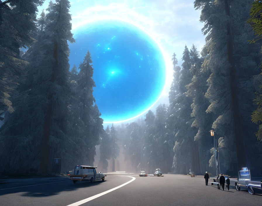 Tranquil road with tall trees, cars, under surreal blue sky
