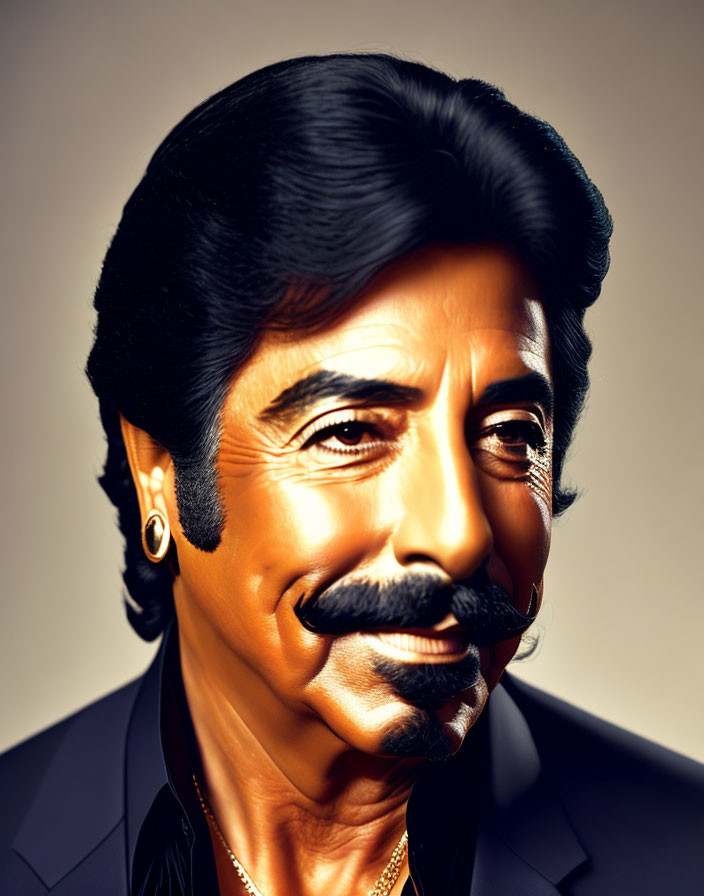 Detailed 3D caricature of a man with voluminous hair, thick mustache, earring