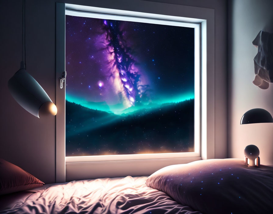 Cozy bedroom with starry sky view and aurora borealis through window