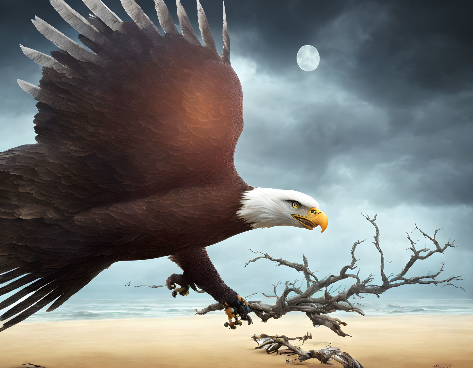 Bald eagle flying over stormy landscape with moon